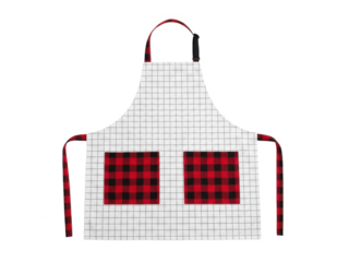 A white apron with red and black plaid accents on a transparent background