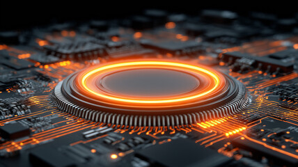 A circular electronic module emitting an energized ring representing system activation operational readiness and advanced technological function.
