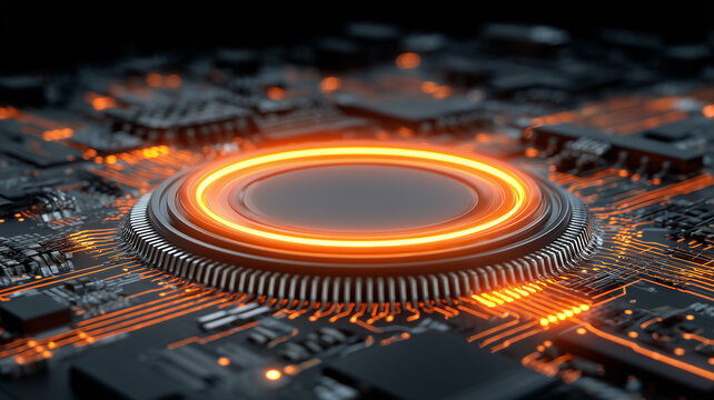 A circular electronic module emitting an energized ring representing system activation operational readiness and advanced technological function.
