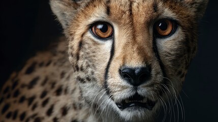 Close-up portrait of a cheetah, showcasing its striking eyes and spotted fur against a dark, contrasting backdrop
