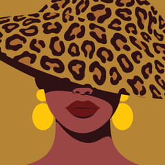 This striking illustration depicts a fashionable woman adorned with a large leopard print hat and bold earrings, symbolizing confidence and unique style in modern fashion. © Miao