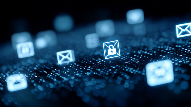 A mail security icon floating in a digital field to illustrate protected communication and emphasize secure information transfer.
 - Powered by Adobe