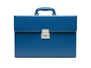 A blue leather briefcase with a silver lock and handle on transparent background