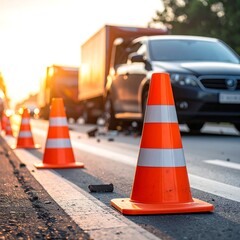 Roadside scene showing traffic cones and a multi-vehicle accident