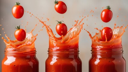 Fresh Tomato Splash: Red cherry tomatoes falling into glass jars of thick organic sauce for food industry marketing