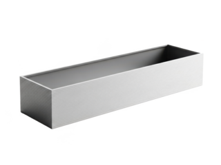 A sleek, empty, rectangular planter box on transparent background