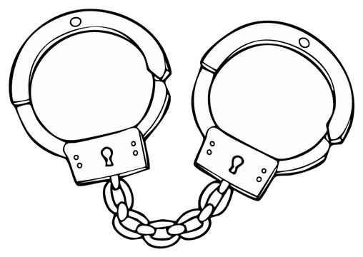 Black and white drawing of handcuffs shows crime and police work for arrests in simple line art style