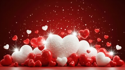 Hearts Festive Display: Red and white textured hearts with sparkling bokeh lights for romantic holiday background
