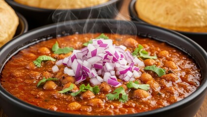 Traditional Chole Masala: Spicy chickpea curry topped with chopped red onion and cilantro for authentic indian dining