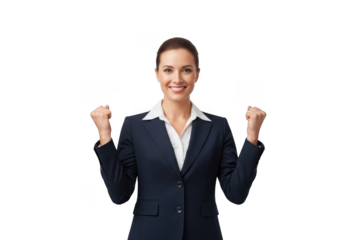 A confident businesswoman celebrating success with her fists raised in triumph on transparent background