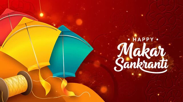 Happy Makar Sankranti Kite Festival Red Background Animation