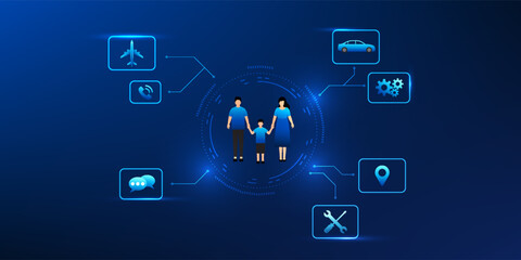 Family Protection Technology Concept in Digital Circle Network, Insurance Service, Smart Protection System, Healthcare Coverage, Financial Security, Modern Service Connection Background