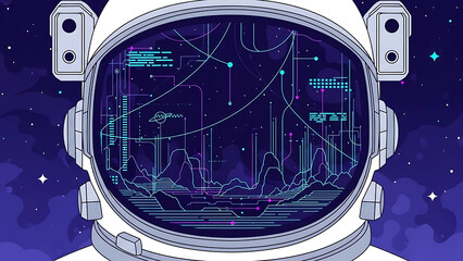 augmented reality astronaut explores digital cosmos advanced data visualization and interactive interface displayed on futuristic helmet visor.