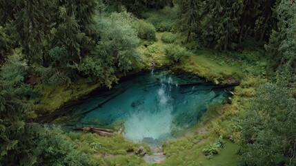 Overhead View of Emerald Spring Surrounded by Lush Green Forest in Daylight
