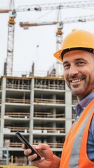 Smiling construction worker in hard hat checking phone on site