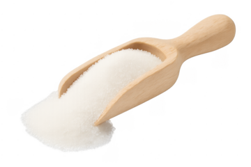 White sugar crystals in wooden scoop with heap