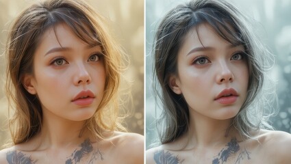 Portrait of a Young Woman with Natural Beauty and Tattoo in a Serene Nature Setting with Soft Light