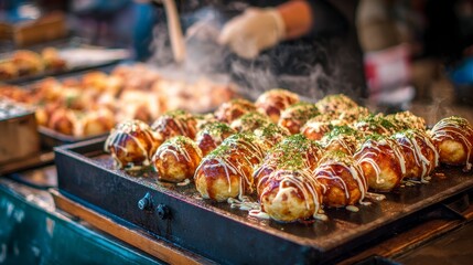 Close-up of golden, round dumplings, garnished with sauce and green herbs, steaming from a hot griddle at a market stall. Other food visible