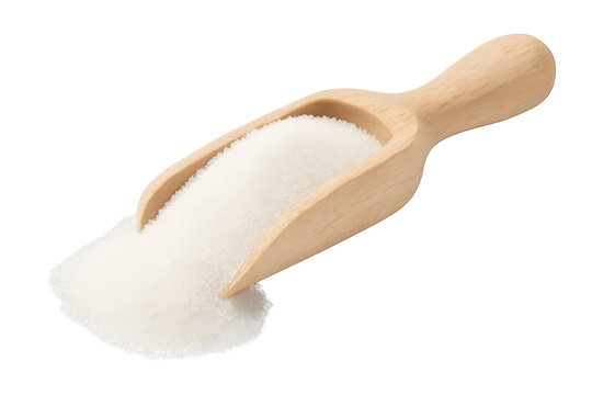 White sugar crystals in wooden scoop with heap