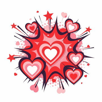 Vibrant red hearts radiate outward in a burst of colorful comic style illustrations and graphics with love symbols.