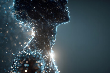 Futuristic digital human silhouette with glowing code particles for technology concept
