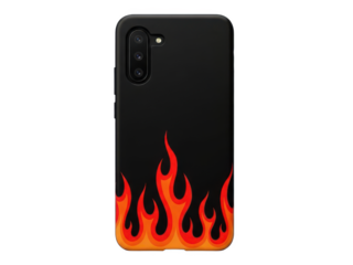 A black smartphone case with a vibrant flame design on transparent background