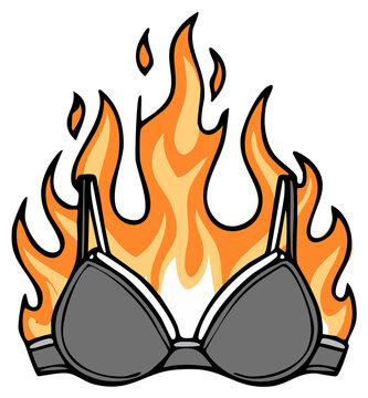 Gray bra on fire with bright orange flames licking upwards