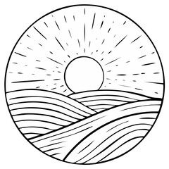 Obraz premium Circular landscape illustration of rolling hills and a rising sun with radiating lines