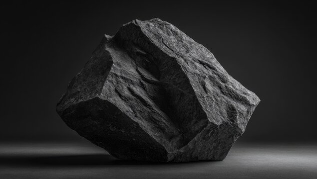 Dark stone, angular shapes, rough texture, studio lit