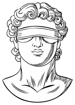 Blindfolded statue bust illustration in line art style, ancient sculpture concept