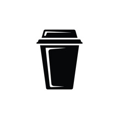 A solid black silhouette icon of a simple disposable takeaway coffee cup with a secure lid
