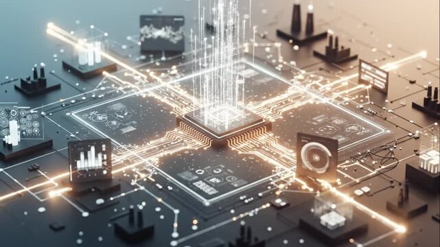 Futuristic Digital Circuit Board with Data Analytics Icons for Technology Innovation and Smart Systems