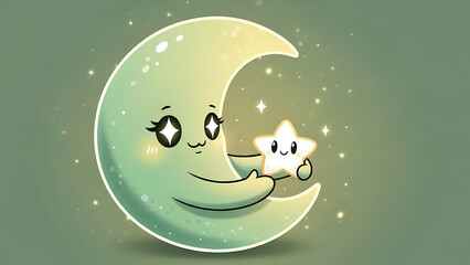Smiling Crescent Moon Hugging Star