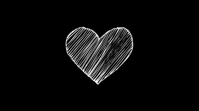 Hand-drawn white heart animation on black background using artistic hatching sketch technique for Valentine's Day romance and creative wedding story motion graphics.
