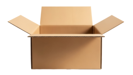 Open cardboard box PNG isolated on transparent background, brown container for shipping and storage, empty package for delivery