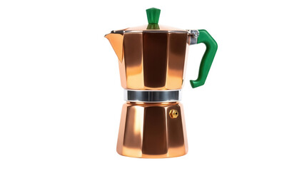 Copper stovetop espresso maker PNG isolated on transparent background, Italian moka pot for coffee brewing and kitchenware use