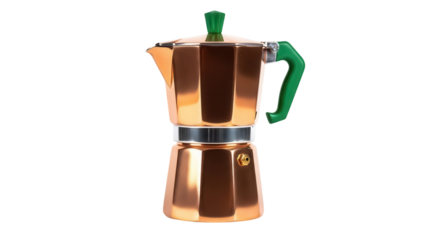 Copper stovetop espresso maker PNG isolated on transparent background, Italian moka pot for coffee brewing and kitchenware use