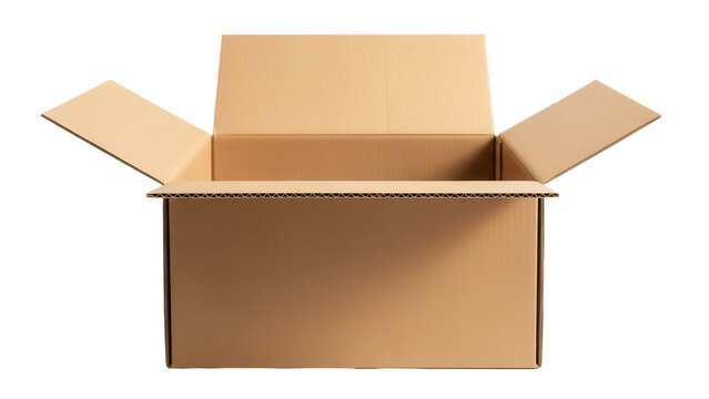 Open cardboard box PNG isolated on transparent background, brown container for shipping and storage, empty package for delivery