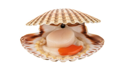 Fresh scallop in shell isolated PNG, raw seafood delicacy on transparent background for gourmet cuisine and culinary design