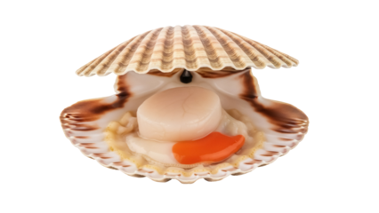 Fresh scallop in shell isolated PNG, raw seafood delicacy on transparent background for gourmet cuisine and culinary design