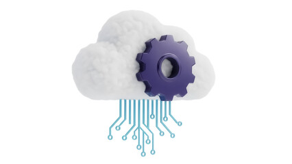 Cloud computing with gear isolated PNG on transparent background, data processing and technology concept for digital transformation