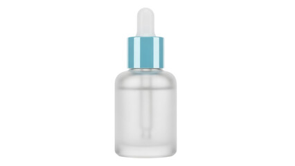Frosted glass dropper bottle with blue cap isolated PNG, cosmetic serum container for skincare and aromatherapy on transparent background