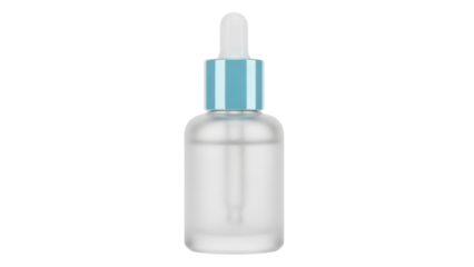 Frosted glass dropper bottle with blue cap isolated PNG, cosmetic serum container for skincare and aromatherapy on transparent background