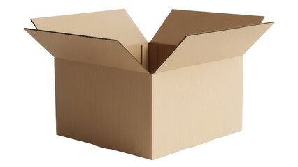 Open cardboard box PNG isolated on transparent background, brown container for shipping and storage, empty package for delivery and moving