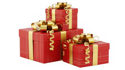Three red gift boxes with gold ribbons stacked  isolated on transparent background