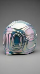 Fototapeta premium Futuristic Iridescent Helmet with Organic Contours on a Gray Background.