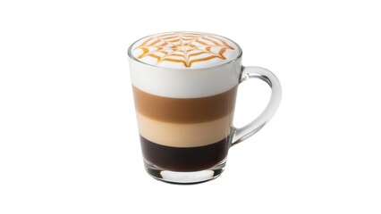 Layered latte macchiato with caramel drizzle isolated PNG, delicious coffee drink in a glass mug on transparent background