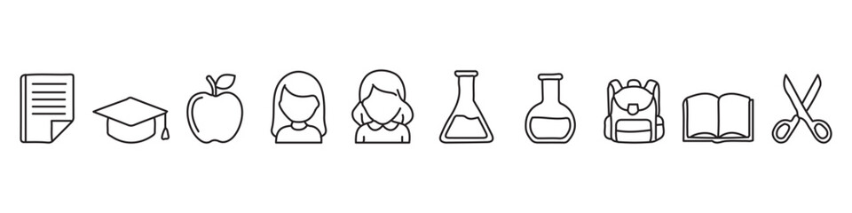 School education and students line icon set &ndash; outline symbols of diploma, graduation cap, pupils, science and school supplies