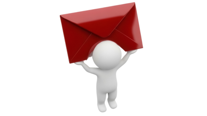 3D stick figure holding a red envelope PNG isolated on transparent background, concept for communication and sending messages