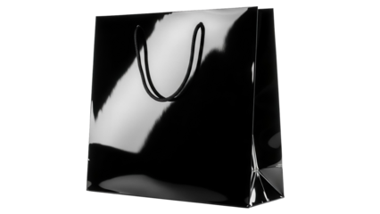 Elegant black shopping bag isolated PNG on transparent background, glossy gift bag for retail, sale, and promotional use